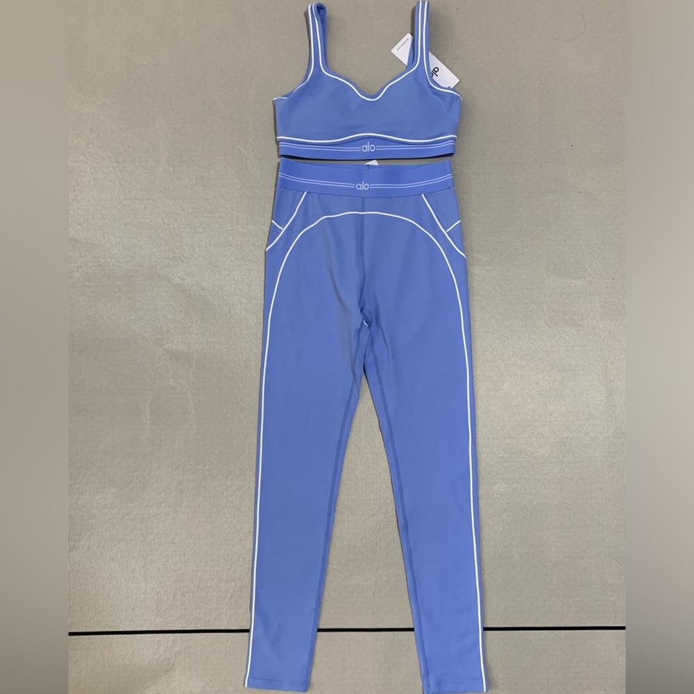 ALO Yoga Periwinkle Sport Bra and High-Waist Leggings Set with White Piping